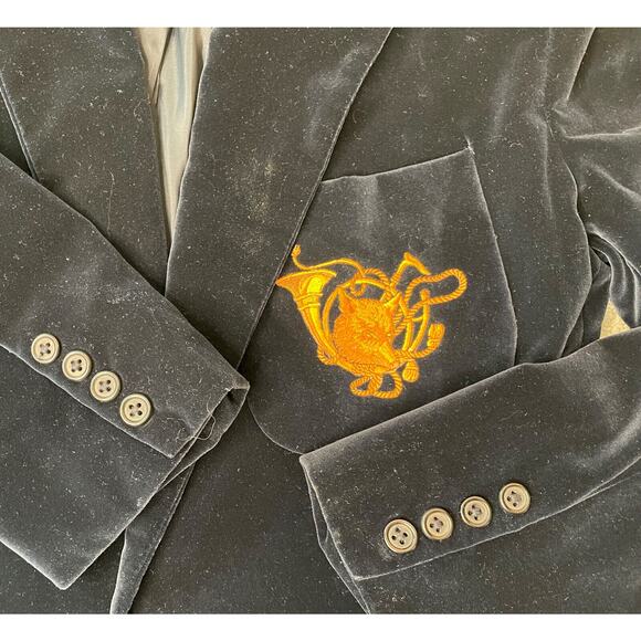 Ralph Lauren Navy Blue Velvet Fox Crest Blazer Jacket Womens 10 Embroidered Horn - Picture 8 of 10